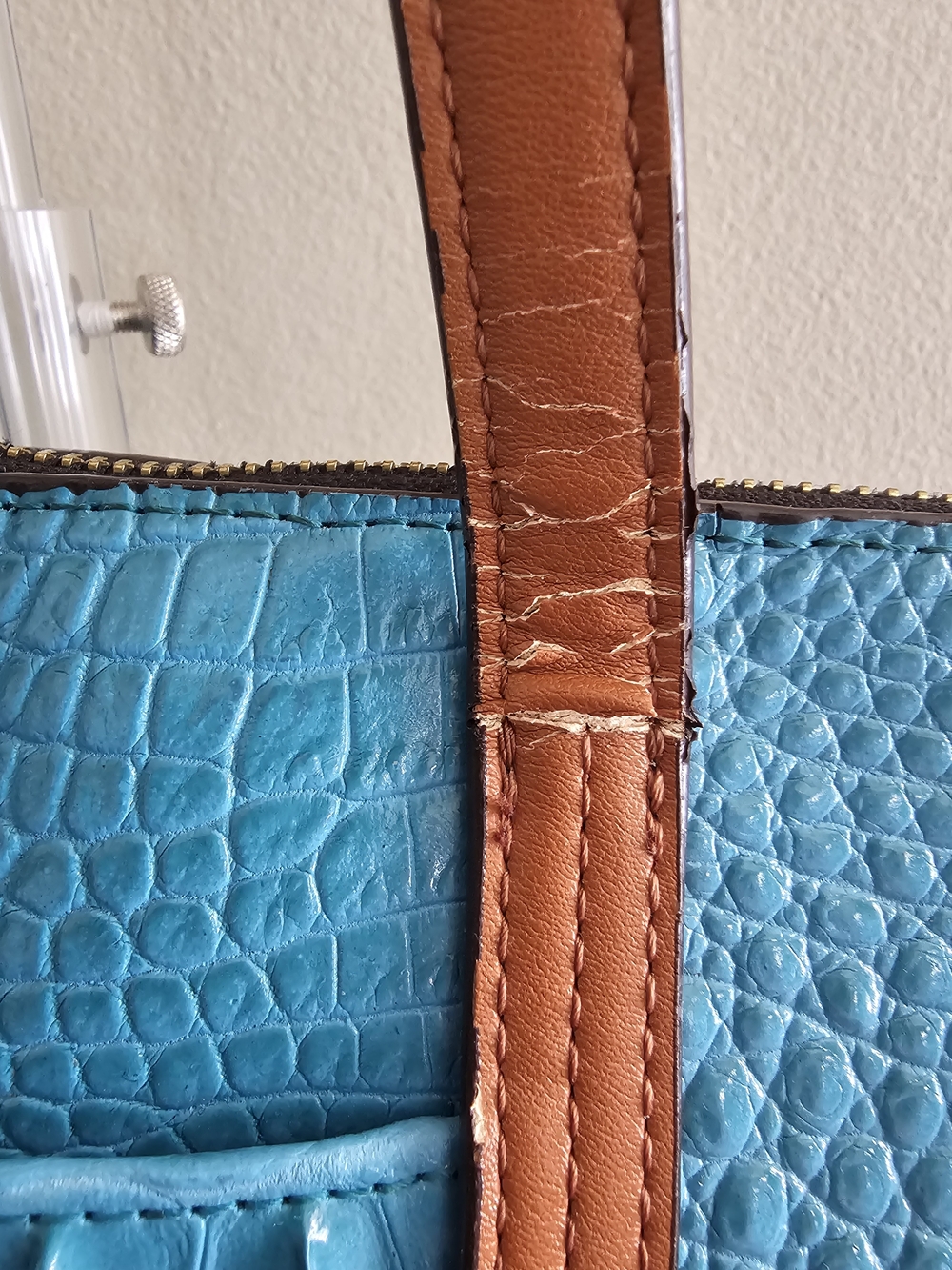 Kate Landry Turquoise Croc-Embossed Tote with Brown Straps - Picture 6 of 9